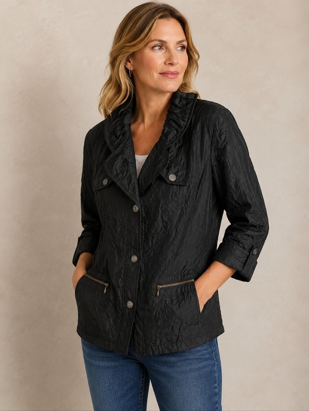 Chico's Sz 3 Black Crinkle Jacket Ruffle Collar Lightweight Travel Career XL Y2K